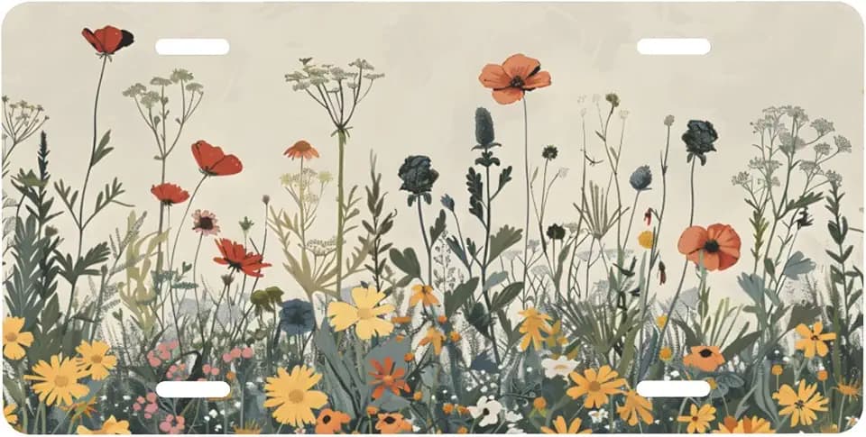 Retro Wildflower Plants Front License Plate Funny Plate Cover Rust-Free Fade Resistant Aluminum Decorative Car License Plate for Women Men 6 X 12 Inch USA Made