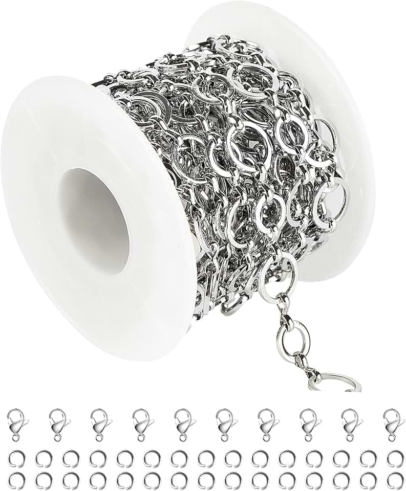 UMAOKANG 13 Feet Silver Jewelry Making Chains, Stainless Steel Circle Cable Necklace Chain with Jump Rings and Lobster Clasps Crafts Chain Bulk