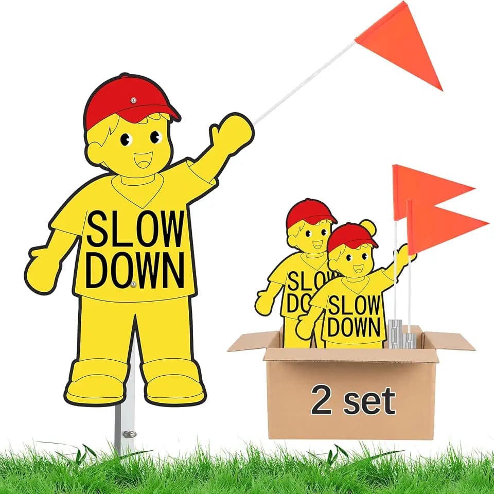 Copkim 2 Set Metal Kids at Play Sign with Flag 16"x12", Yellow, Boy Style