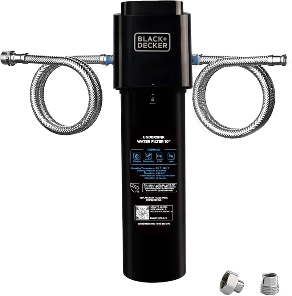BLACK+DECKER Undersink Water Filter 10’’ | Reduces CHLORAMINE,Chlorine, Lead, PFAS, Bad Taste, Odor | Under Counter Water Filter Direct Connect to Kitchen Faucet | NSF/ANSI 42 Certified | 1 year
