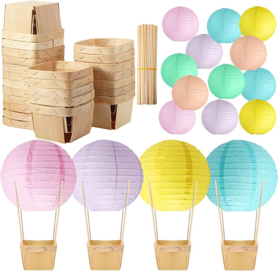 Namalu 24 Set Hot Air Balloon Table Centerpieces Baby Shower Party Decoration Paper Lanterns with Wooden Basket Sticks for Summer Birthday School DIY Craft(Macaron)
