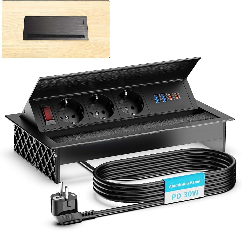 Versenkbare Steckdose mit USB-C PD 30W, 3-Fach, Aluminium, Schwarz