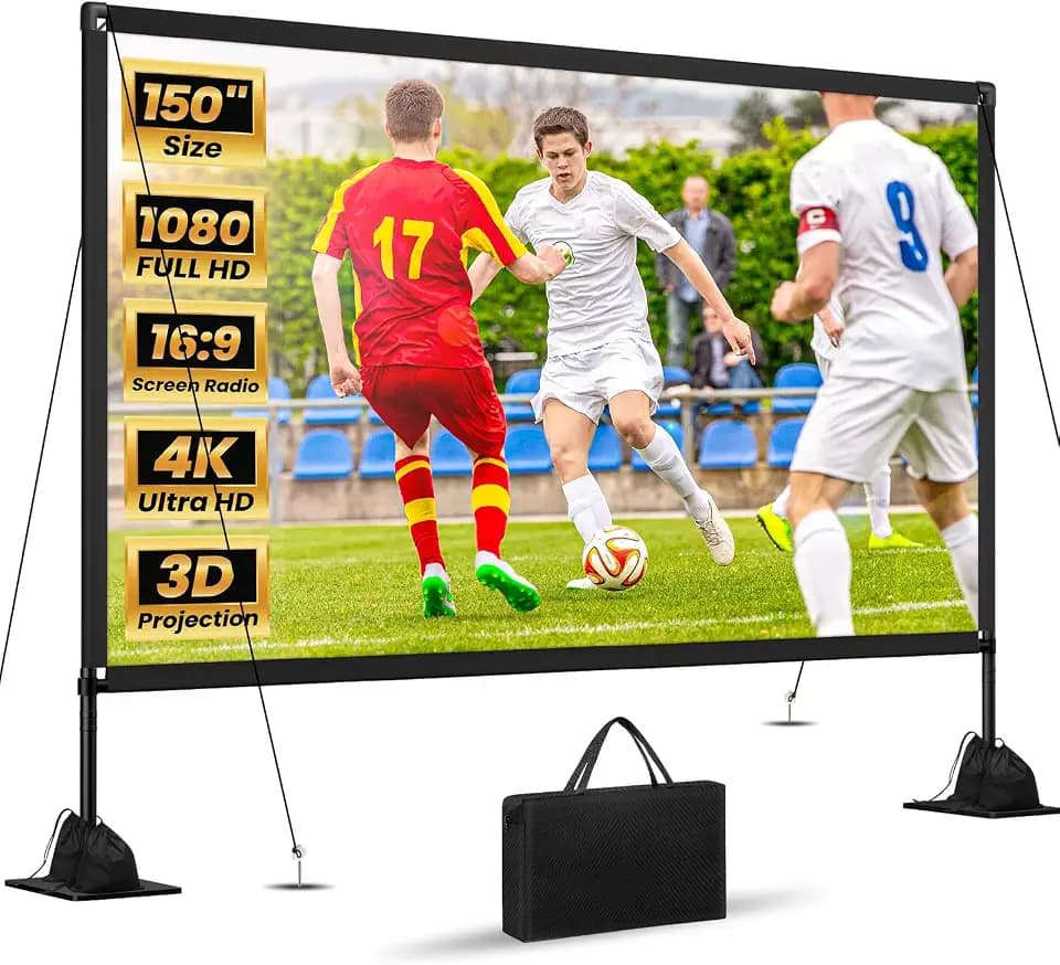 150 inch Outdoor Projector Screen with Stand: 4K HD Portable Projector Screen Outdoor Indoor - Front/Rear Movie Screen with Accessories for Stable - Projection Screen for Home Theater, Camping