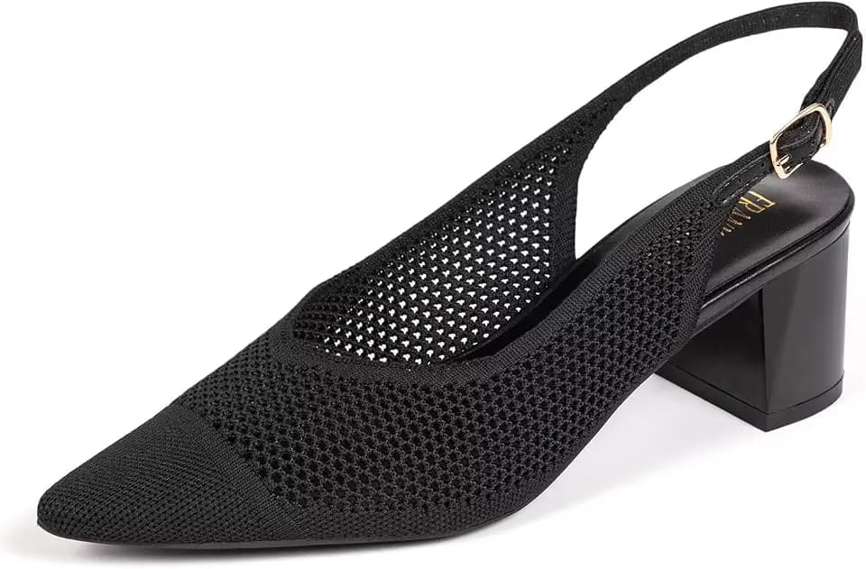 Frank Mully Women's Slingback Heels Pointed Toe Work Pumps Comfortable Chunky Pumps Knitted Closed Toe Stylish Dressy Shoes