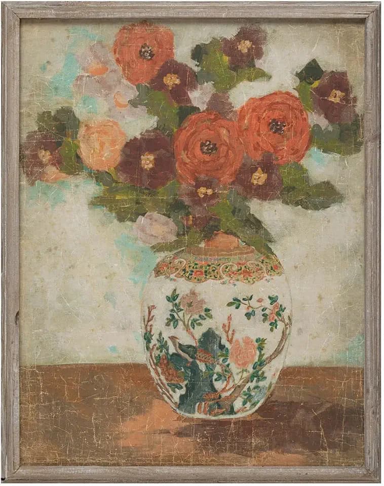 Creative Co-Op Wood Framed Wall Décor with Flowers in Vase Portrait, Multicolor