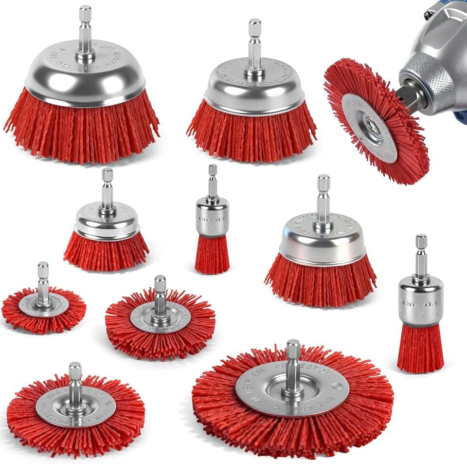 10 Stück Nylondraht-Scheibenbürste, Nylondraht-Topfbürste mit 1/4" Sechskant-Schaft, Nylon-Bohrbürstenset für Bohrmaschine & Akkuschrauber, Sanfte Reinigung & schonende Politur für Holz & Blech