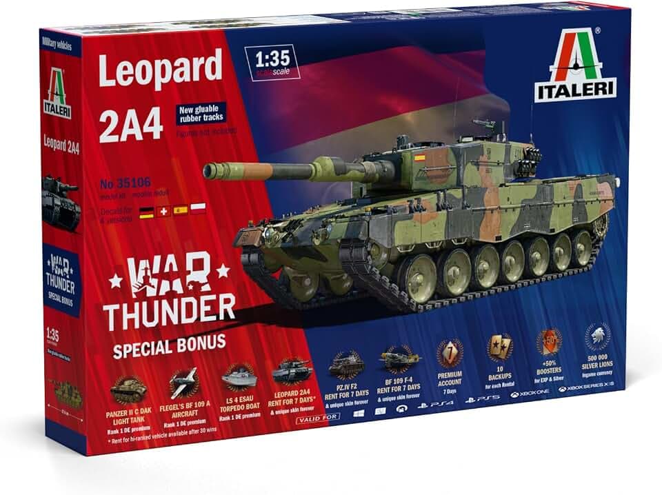 Italeri 35106 1:35 Leopard 2 A4 War Thunder - originalgetreue Nachbildung, Modellbau, Plastik Bausatz, Basteln, Hobby, Kleben, Modellbausatz, Zusammenbauen, unlackiert, Militär