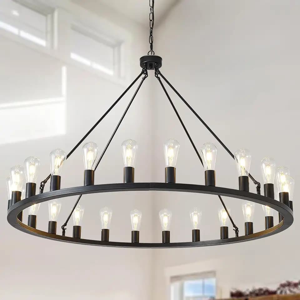 HHR 48" Wagon Wheel Chandelier 24-Light Large Black Chandeliers Outdoor