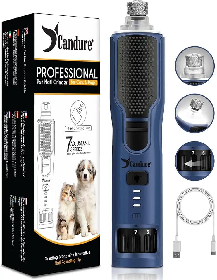 Candure Krallenschleifer für Hunde bis zu 7-Gang Hundepfoten Trimmer, Geräuscharmer Wiederaufladbarer Haustier Krallenschleifer mit 360° LED-Lichtern (Marineblau, Für alle Haustiergrößen)