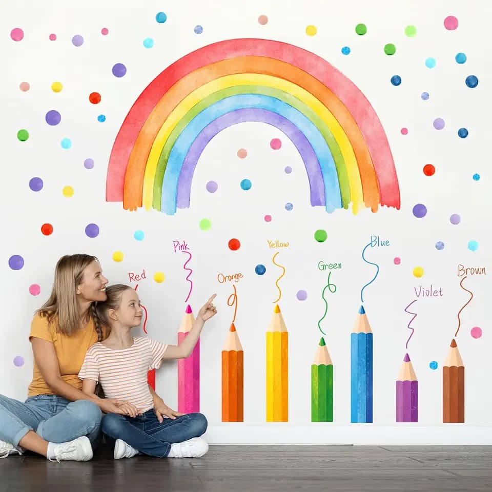 Watercolor Rainbow Pencil Wall Stickers Kids Colorful Dot Wall Decals Peel and Stick Decor for Nursery Bedroom Classroom Home Decor (Rainbow Pencil)
