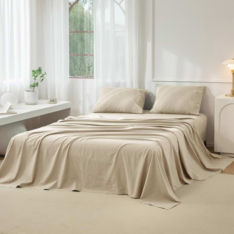JIYUAN Queen Washed Cotton Sheet Set, 4-Piece, Relaxed Linen Feel
