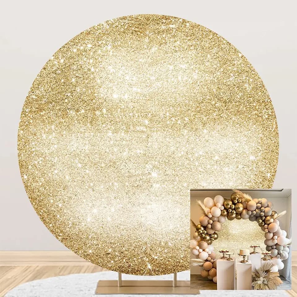Gold Round Backdrop Cover Golden White Glittering Sequins Circle Photography Background Round Backdrop Stand Cover Baby Shower Bridal Shower Birthday Party Decoration Not Real Glitter 7.5x7.5ft
