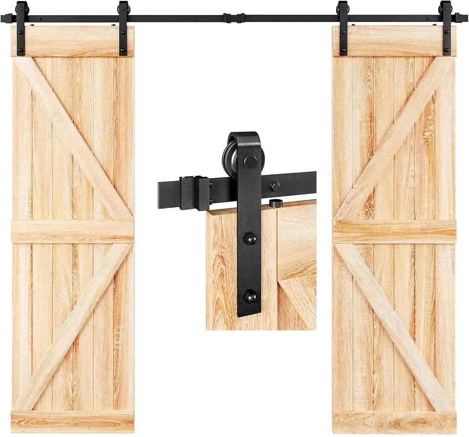 EaseLife 8 FT Double Door Sliding Barn Door Hardware Track Kit,Basic J Pulley,Heavy Duty,Slide Smoothly Quietly,Easy Install (8FT Track Kit for Double 24" Wide Door)