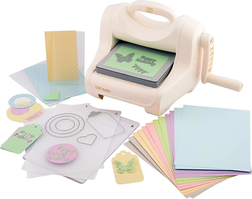 Vaessen Creative Cut Easy + A5, Große Stanz-und Prägemaschine, Starter Kit Inkl. Tonkarton, Stanzformen und Prägefolder, Stanzen zum Basteln und Prägen, Ideal für Kartengestaltung, Scrapbooking