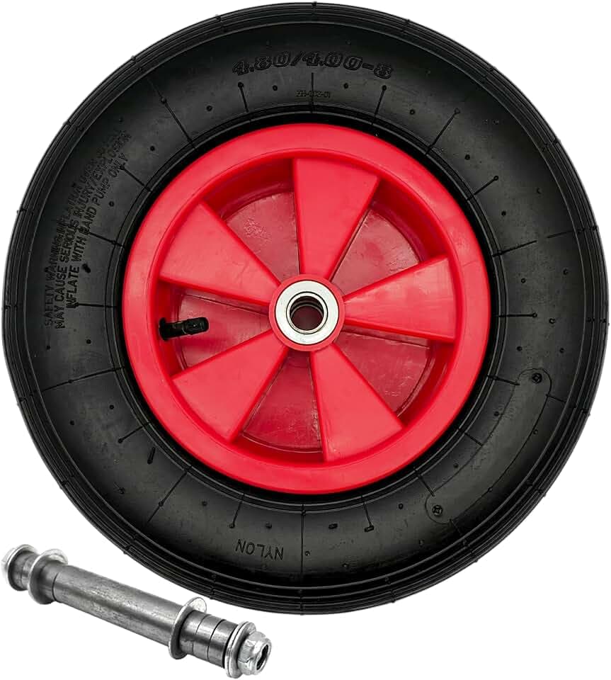 HERO Schubkarrenrad 4.80/4.00-8 4PR Schubkarrenreifen mit Universal Achse 20 mm – Luftbereiftes Ersatzrad Ø 380 mm, Kunststofffelge Rot, Doppelrollenlager, 95 kg Traglast – für Schubkarre Sackkarre