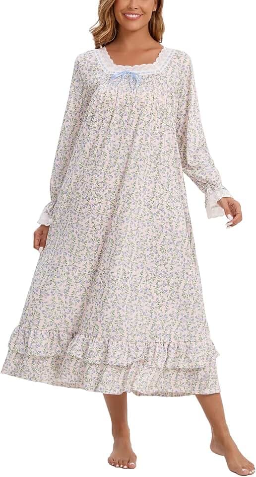 Rubehoow Viktorianisches Nachthemd für Damen, Vintage-Stil, langärmelig, Pyjama, Kleid, weiche Baumwolle, Lounge-Kleid, Nachtwäsche, S-3XL