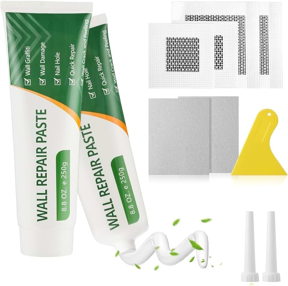 DEWEL 500g Spachtelmasse Weiß Innen, Spachtelmasse Wand Set mit Füllspachtel,Schleifpapier und Schaber,Löcher Wand Füllen für Bohrlöcher Füllen,Löchern und Graffiti,Schnelle Reparatur von Rissen