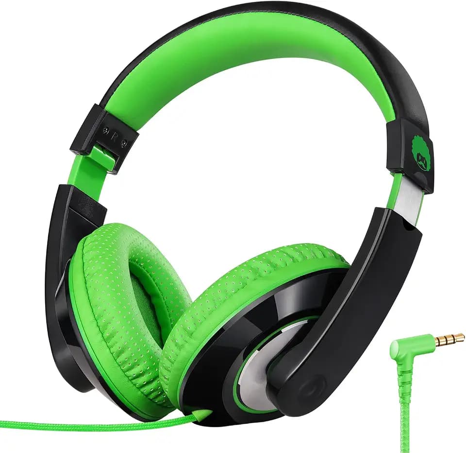 RockPapa Comfort Kinder Kopfhörer für Schule Jungen, Kopfhörer Kinder mit Kabel, Einstellbar, Faltbare, Stereo Sound, 3,5 mm Jack, Over Ear Kinderkopfhörer für Schule/Reise/PC, Schwarz Grün