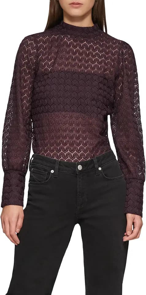 QS Damen Transparentes Spitzen-Shirt mit Stehkragen Langarmshirt mit Strukturmuster (1er Pack)