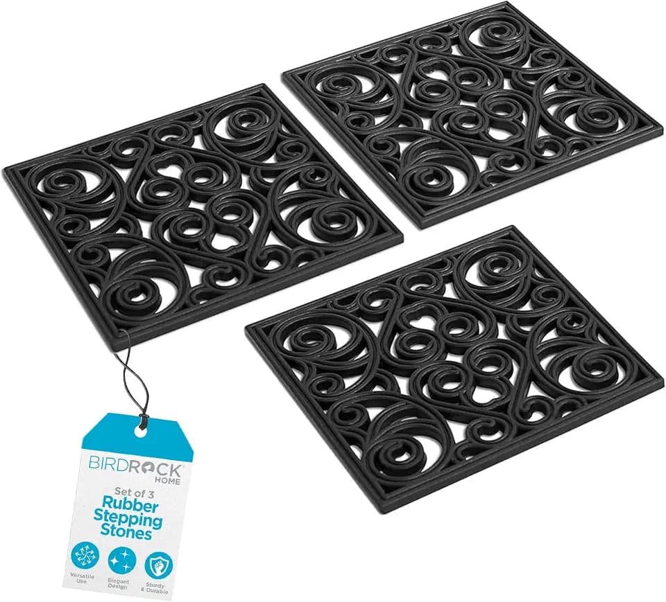 BIRDROCK HOME Rubber Stepping Stones - Decorative Pavers for Garden Path, Patio, Lawn, Yard, and Backyard Landscaping - Easy Install Outdoor Walkway Pathway, Ground Tiles - Black - Set of 3, 12 x 12