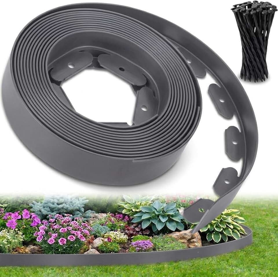Ediesi, Rasenkante 10 m flexibel, Beeteinfassung Kunststoff 5 mm robust, Rasenkantenband für Garten Beetabgrenzung Wege, einfache Montage mit 30 Erdspießen (Grau, 10 Meter)