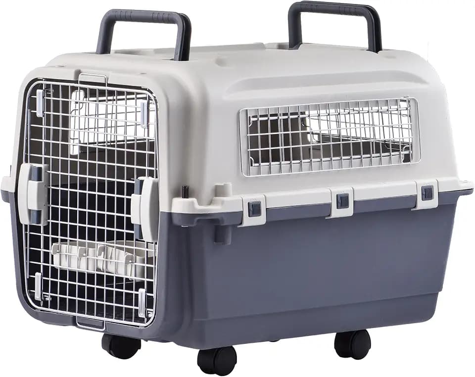 Lanco – Tragbare und atmungsaktive große Hundetrage aus Kunststoff. Haustiere Hunde und Katzen. Widerstandsfähiges Material. Maße 67x52x53 cm. Zwei Griffe. Graue und weiße Farbe.