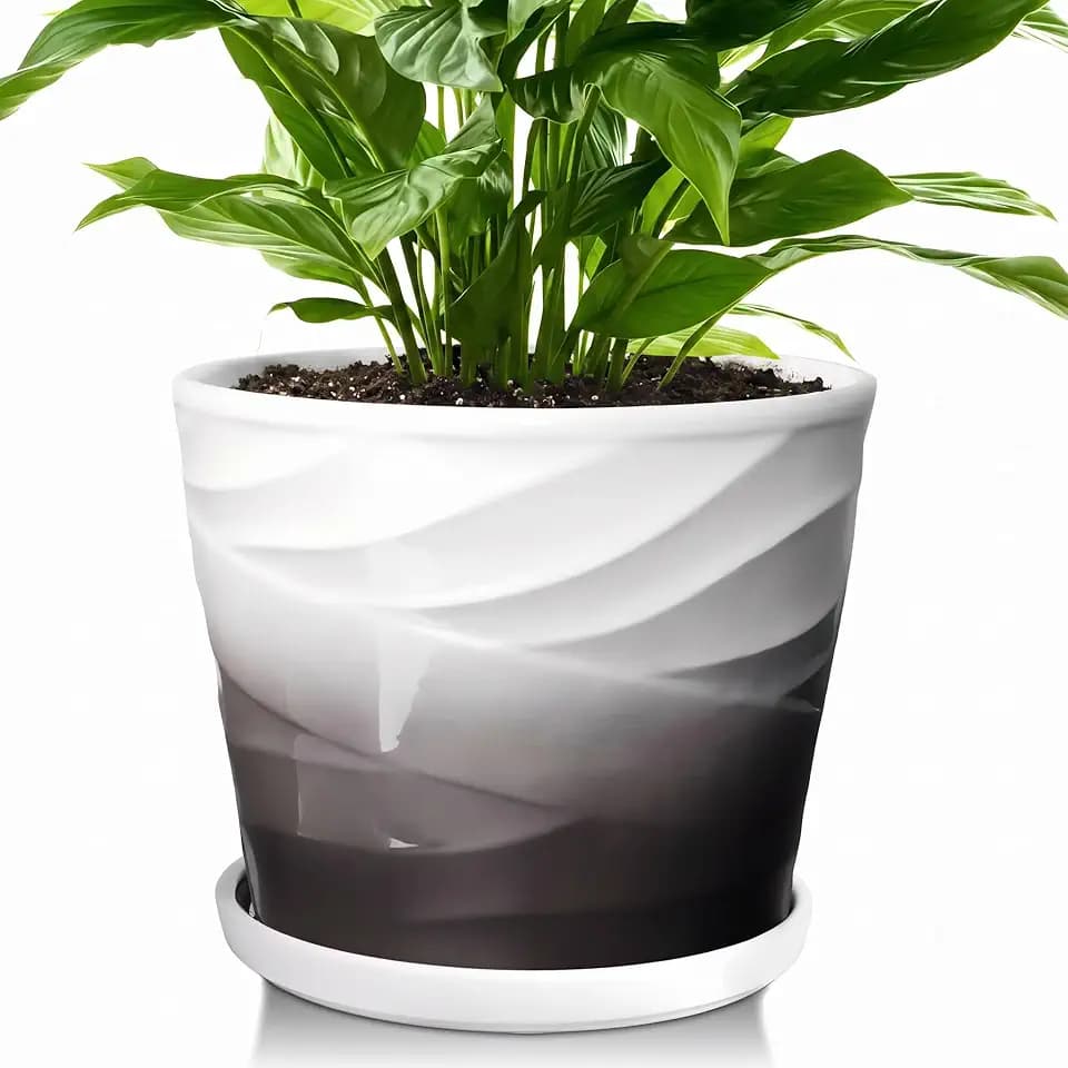 8 Inch Ceramic Plant Pot,Dark Gray+White