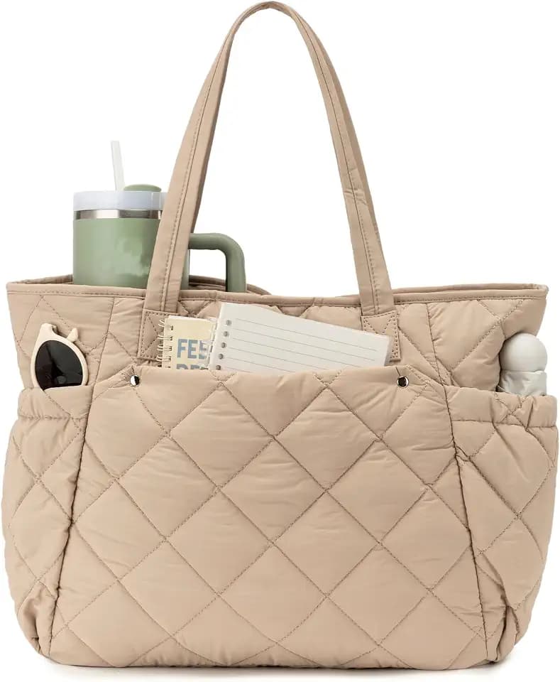 Micmores Puffer Tote Bag for Women, Lightweight Quilted Shoulder Bag with Pockets, Stylish Puffy Handbag for Work Daily Use
