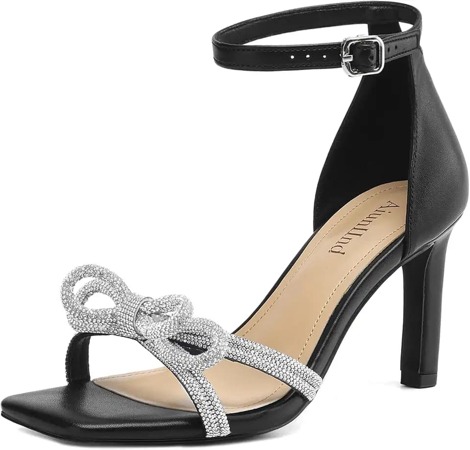AIUNIIND Heels for Women with Bow, Square Open Toe Rhinestone Heeled Sandals, Ankle Strap Shoes for Dress, Party, High Heel 3.3 inch, Black, Size 6.5