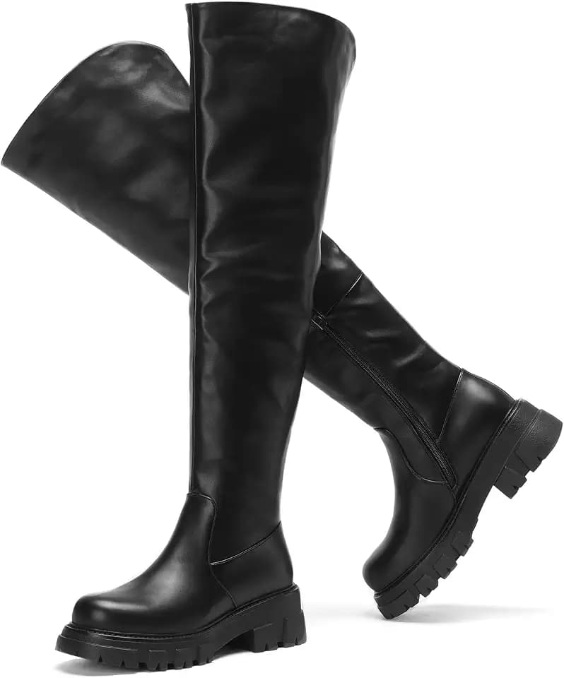 Black Thigh High Boots For Women Platform Slouch Over The Knee Fall Boots Lug Sole Low Chunky Heel