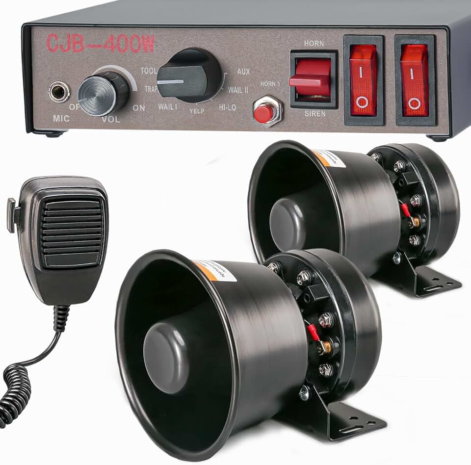 12V 400W 9 Tones Warning Emergency Siren PA System [Black Steel Speaker][125-135dB][Handheld Microphone][2 x 10A Switches] for Tow Trucks, Construction Vehicles SUV ATV UTV