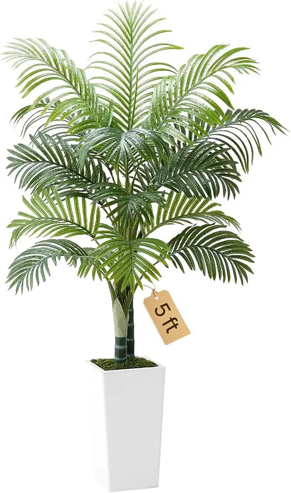VEVOR Künstliche Areca-Palme, 1,52 m, Tropische Kunstpalme mit weißem, hohem Pflanzgefäß, Kunstseiden-Bodenpflanze im Topf, Kunstbaum für Veranden, Wohnzimmer, Terrassen, Zuhause, Büro,