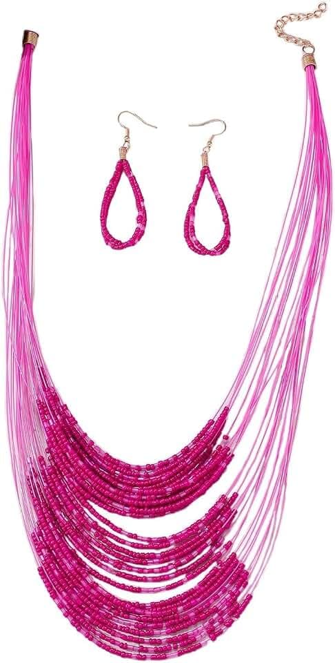 Bohemian Colorful Beaded Earrings Necklace Geometric Teardrop Dangle Earrings Multi-layered Stackable Choker Necklaces Boho Seed Bead Chain Statement Beach Party Accessories