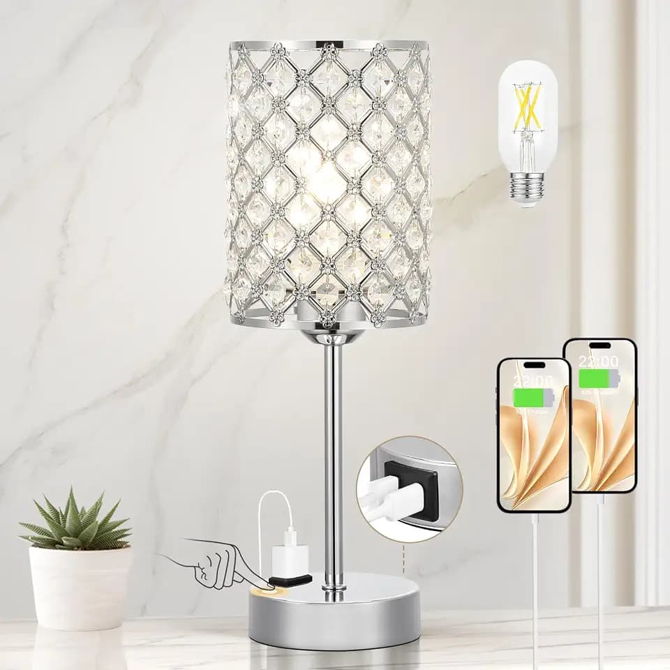 Sliver Crystal Table Lamp with Touch Control, Bedside Lamp for Nightstand