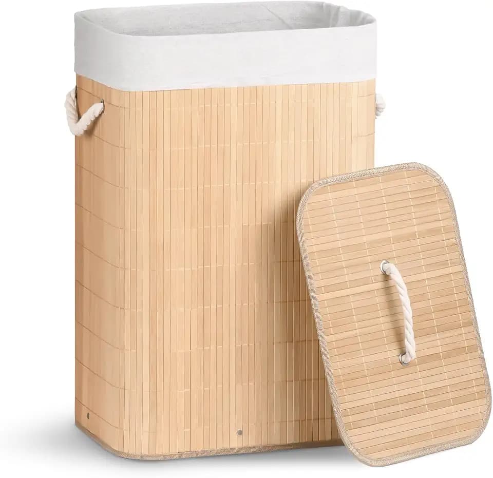 VOUNOT® Wäschekorb Bambus mit Deckel, 72L Wäschesammler mit 2 Herausnehmbaren Wäschesäcke & Griffen, Faltbarer Wäschebox für Schlafzimmer Badezimmer Waschküche, Holzfarbe