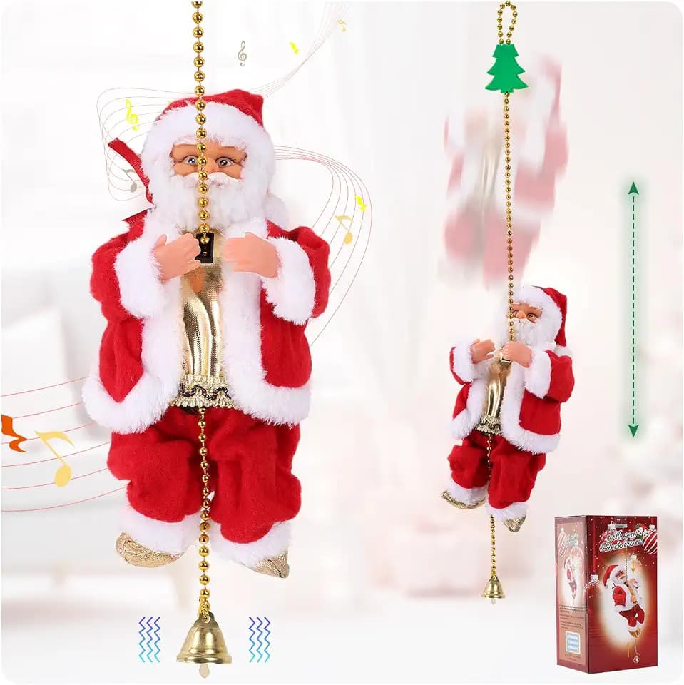 Musikalischer Kletternder Weihnachtsmann an Seil, Animierte Auf- und Abbewegung, Bewegliche Santa-Figur für Weihnachtliche Innendekoration