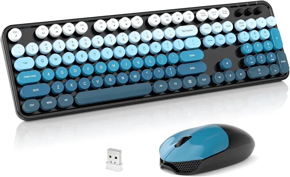 Wireless Keyboard and Mouse Combo, 2.4GHz Retro Full-Size Typewriter Keyboard with Number Pad and Wireless Mouse for PC/Laptop/Desktop/Windows (Black Blue)