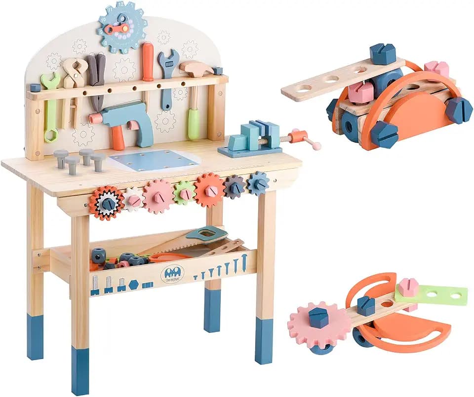medoga Werkzeugbank für Kinder, Spielzeug-Werkbank, Holz-Werkzeugbank, Werkbank mit Werkzeugen Set, Holzkonstruktionsbank, Spielzeug für 3, 4, 5, Jahre alte Jungen und Mädchen