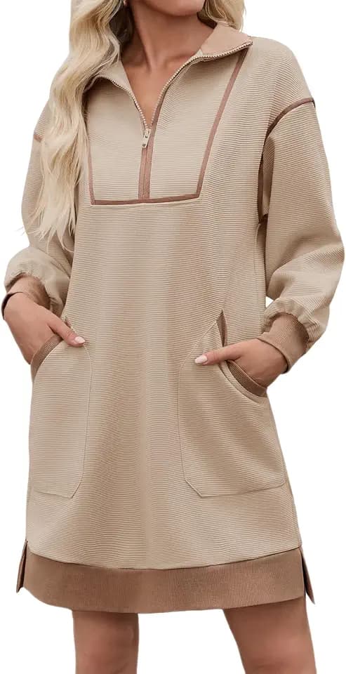 Wenrine Womens Half Zip Sweatshirt Dress Fall V Neck Contrast Mini Dresses