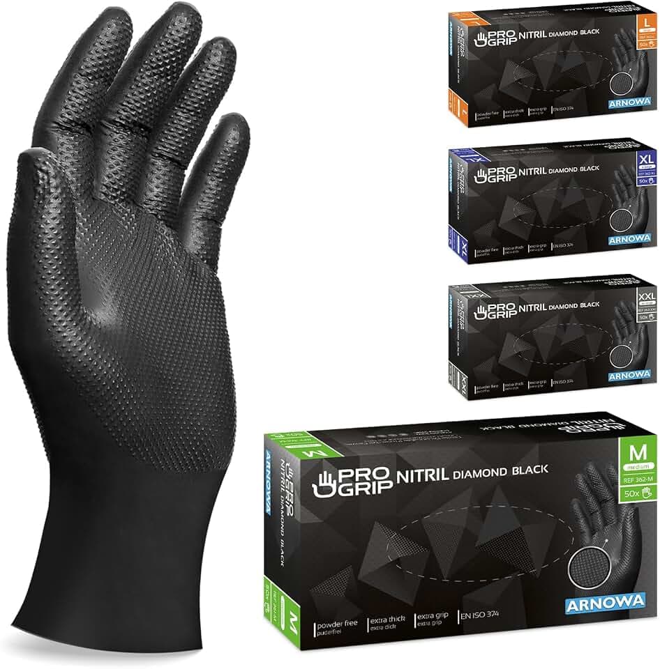 50x PROGRIP Einweghandschuhe Diamant Grip Schwarz, Nitrilhandschuhe M