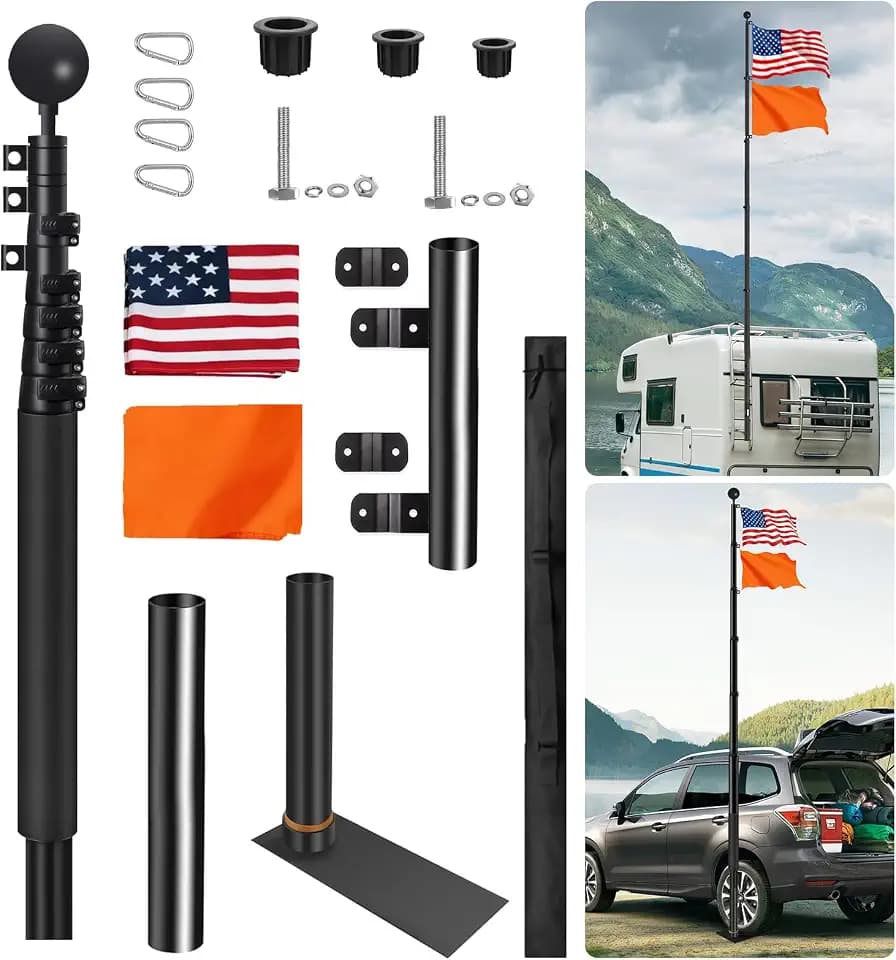 20FT Telescoping Tailgate Flag Pole with Tire Mount Base and Flags