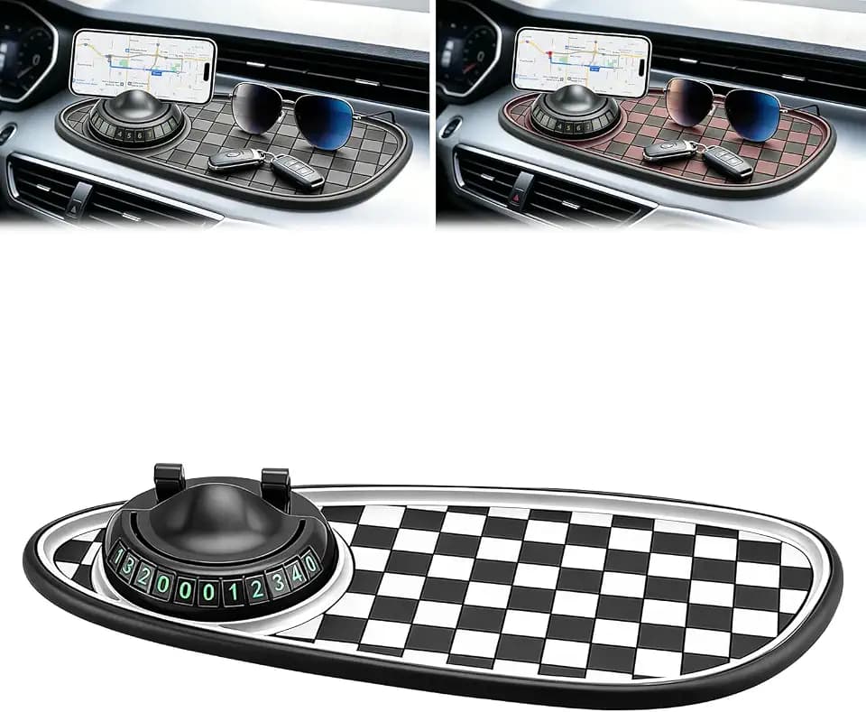 Mobile Phone Bracket Anti-Slip Mat,Multifunction Car Dashboard Mat with Temporary Parking Number,360° Rotating Adjustable Phone Holder,Universal Fit Anti-Slip Mat (Black & White)