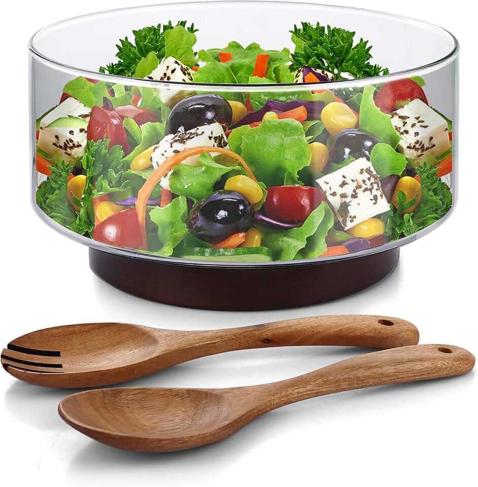 3700ML Salatschüssel aus Glas, Große Salatschüssel mit Akazienholzboden und Servierutensilien, Vielseitige Servierschale für Salate, Obst, Nudeln