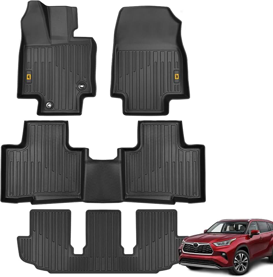 CAT® JustFit™ 3D All Weather Floor Mats for Toyota Highlander 2020-2026, Custom Fit Heavy Duty Rubber Car Mats Full Set for 7 Seater (Not for Hybrid)