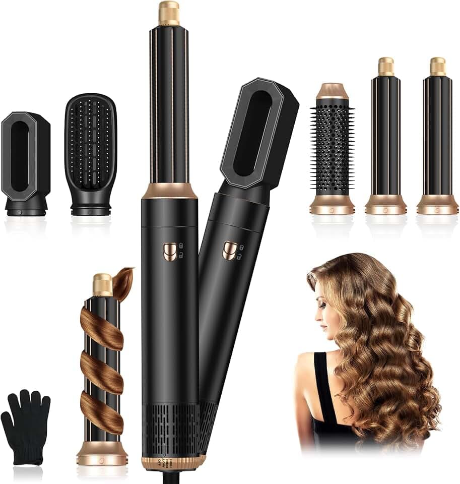 Journeyside Airstyler Set, Professioneller Warmluftbürste Set 1000W, Multifunktionaler Hairstyler mit 5 Ersatz, Lockenstab Automatisch, Glätteisen, Zum Styling, Volumisieren, Locken und Glätten