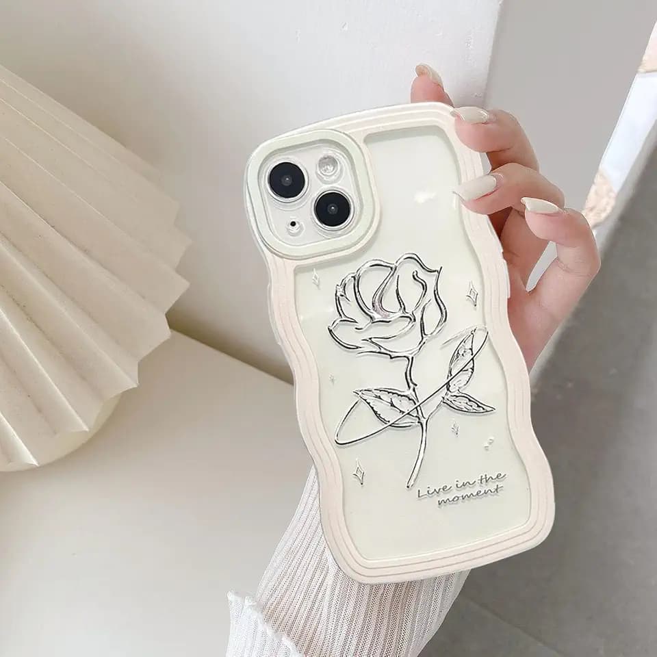 UEEBAI Wave Frame Case for iPhone 14 Plus 6.7 inch Phone Case,Cute Wave Frame Slim Fit Shockproof Phone Bumper Cover Soft Pretty Curly Wavy Case for Women Anti Scratch Case for Girl - White Rose