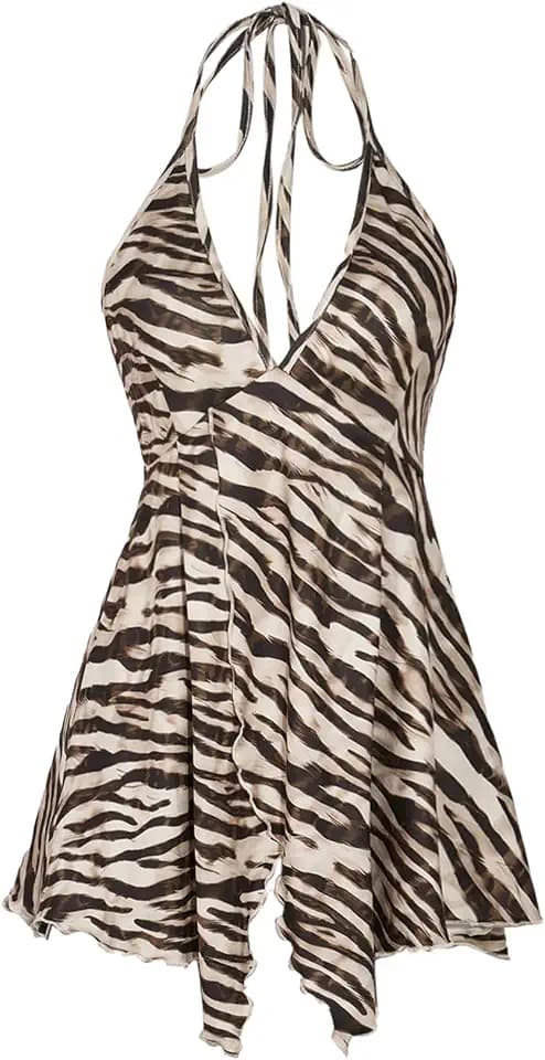 Milumia Women's Y2k Zebra Print Halter Top V Neck Peplum Going Out Tops