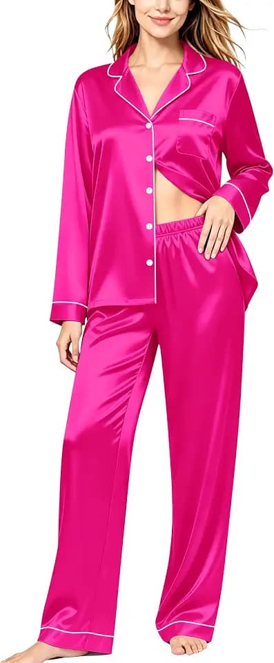 SWOMOG Womens Silk Satin Pajamas Set Long Sleeve Button Down Sleepwear 2 Piece Lounge Set Pj Set XS-3XL