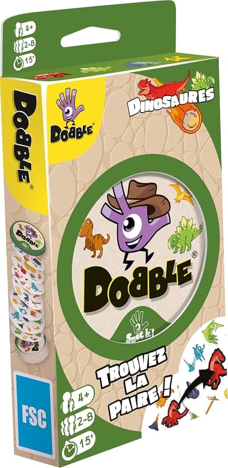 Asmodee Dobble Dinosaurier – Gesellschaftsspiel – Kartenspiel – schnelles Beobachtungsspiel für die Familie – ab 4 Jahren – 2 bis 8 Spieler – 15 Minuten – französische Version