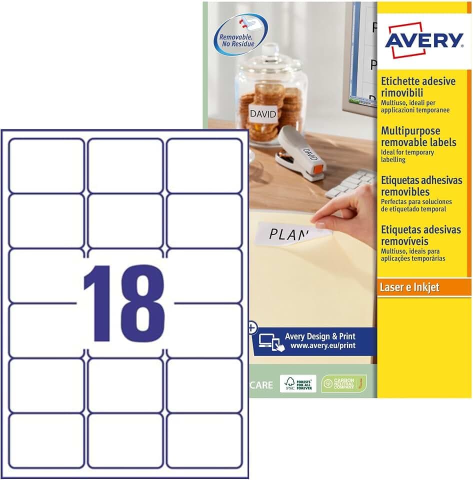 AVERY Zweckform L6025REV-25 Universal Etiketten (450 plus 90 Klebeetiketten extra, 63,5x46,6mm auf A4, wieder rückstandsfrei ablösbar/abziehbar, bedruckbar, selbstklebende Aufkleber) 30 Blatt, weiß